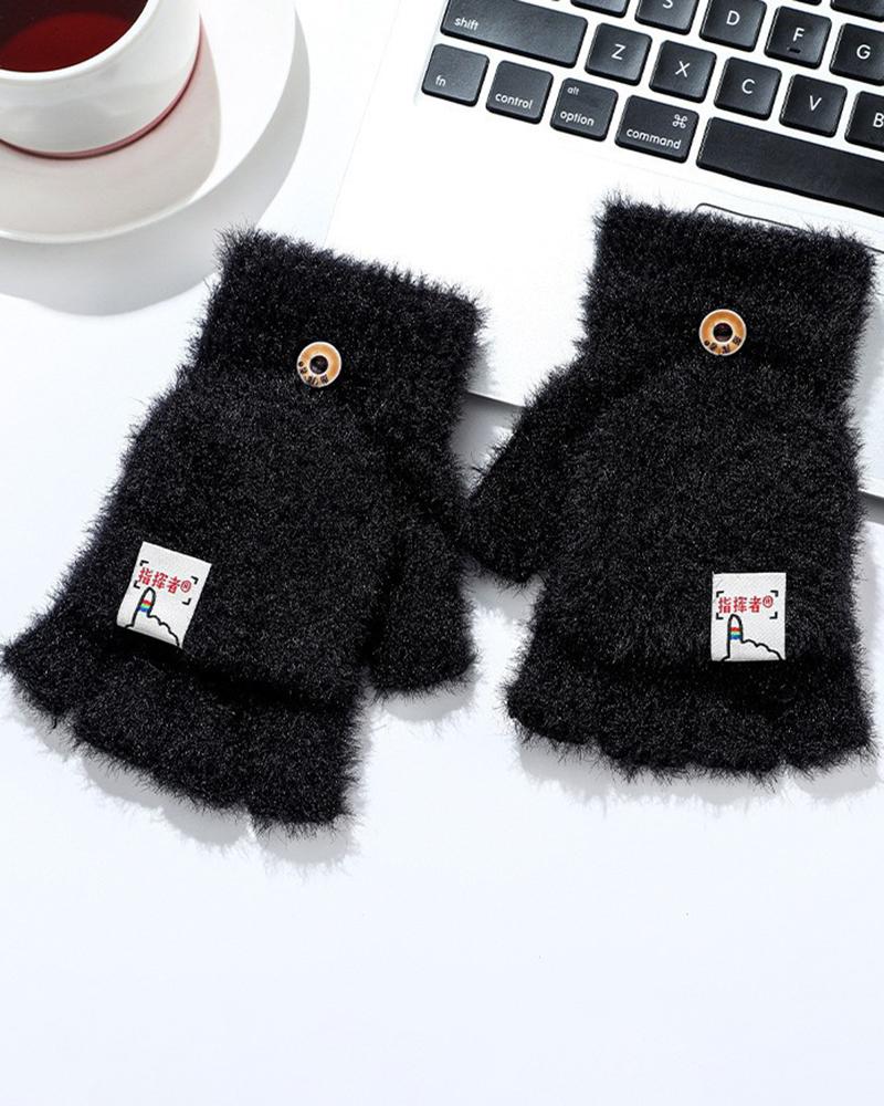 

1Pair Fuzzy Mitten Flap Warm Half Fingerless Thermal Gloves, Black