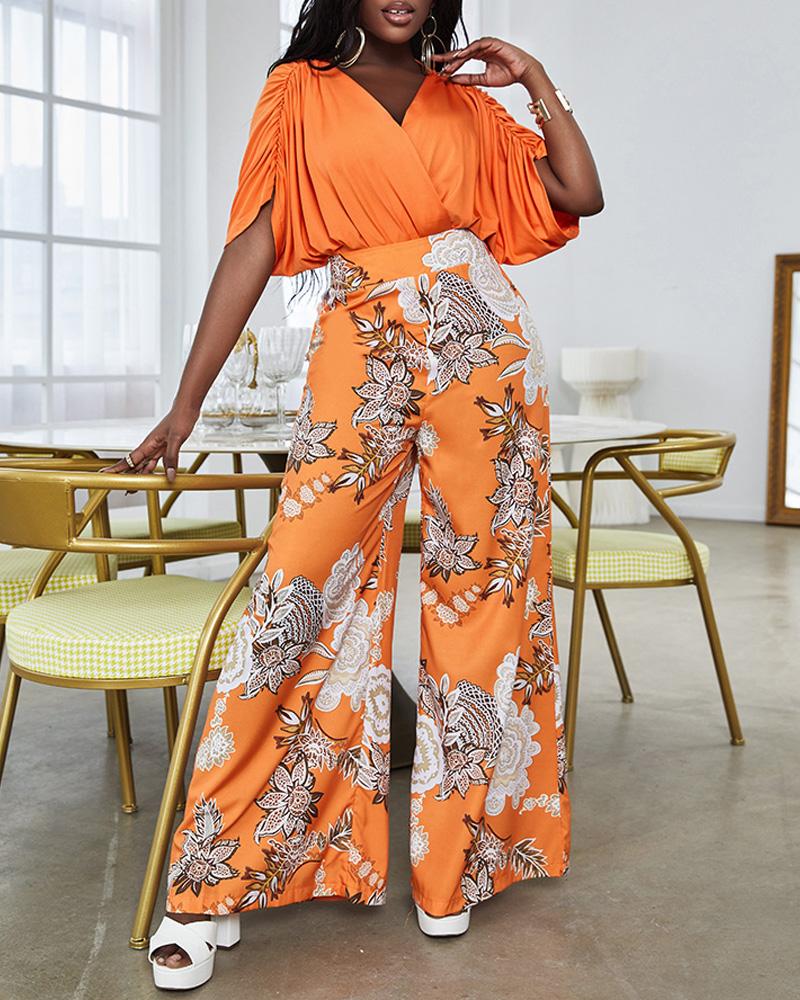 

Batwing Sleeve Wrap Top & Floral Print Wide Leg Pants Set, Orange