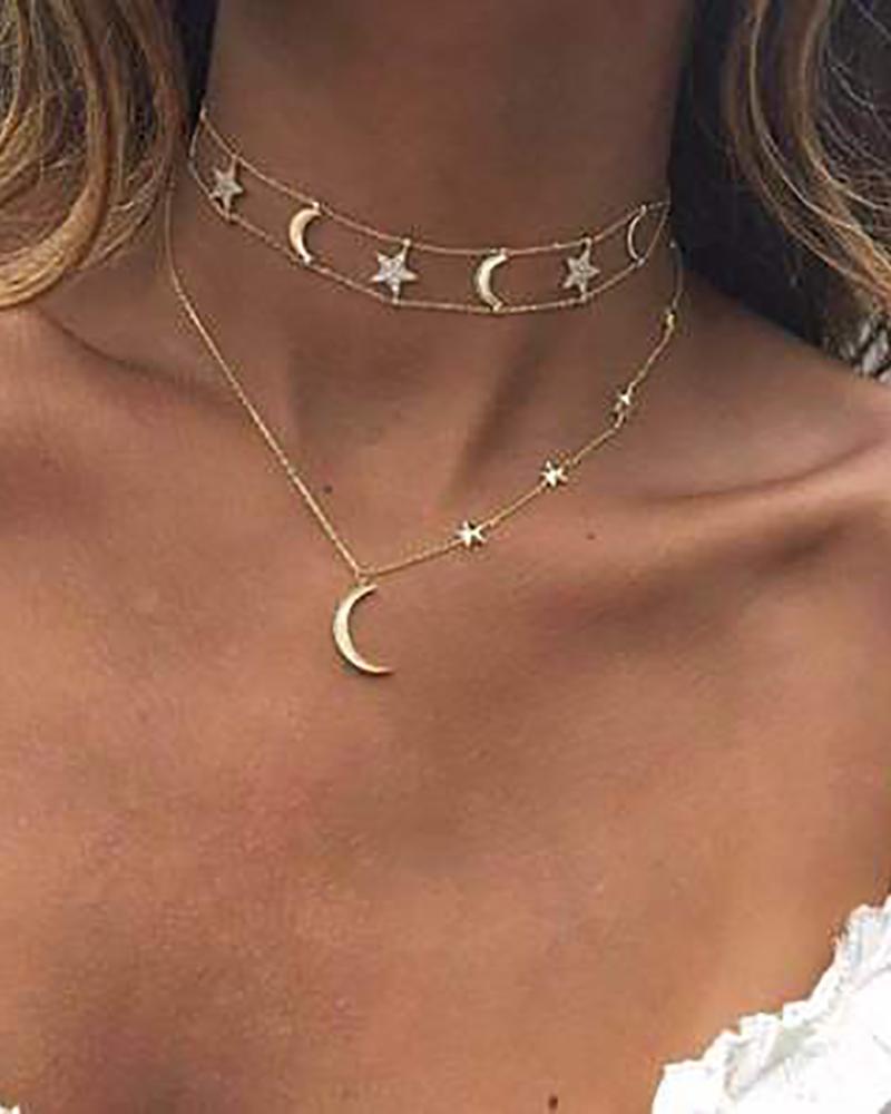 

Star & Moon Pattern Studded Layered Necklace, Gold