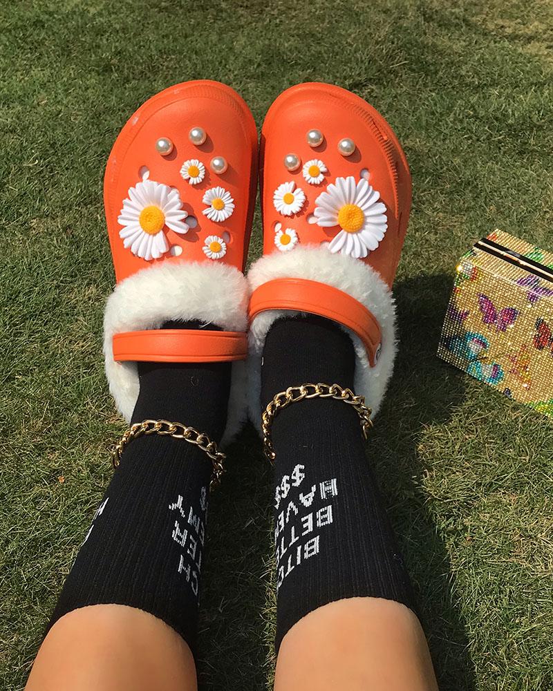 

Daisy Pattern Beaded Lined Fluffy Clogs, Yellow