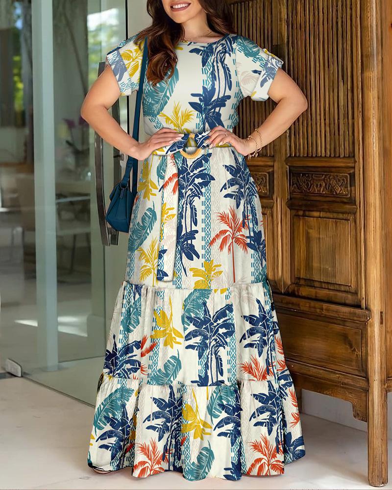 

Tropical Print Short Sleeve Maxi Dress With Belt, Multicolor