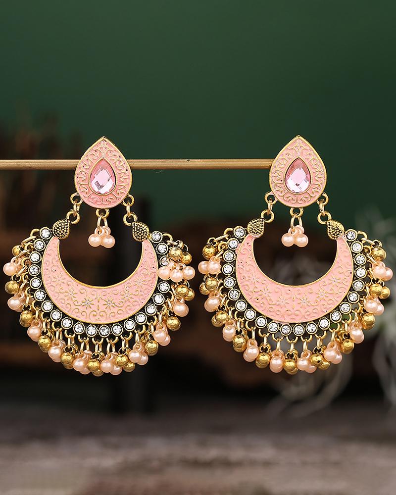 

1Pair Hollow Out Moon Beaded Tassel Geometric Hoop Earrings, Light pink