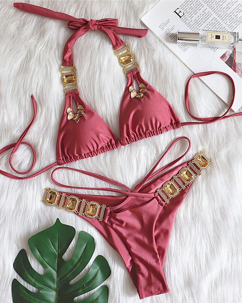 

Rhinestone Decor Tied Detail Halter Bikini Set, Red