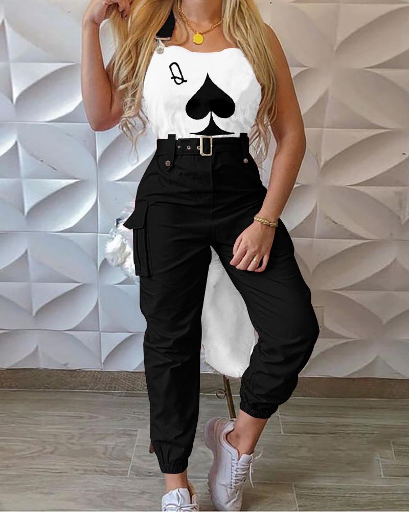 

Poker Print Pocket Design Cargo Suspender Jumpsuit, Black