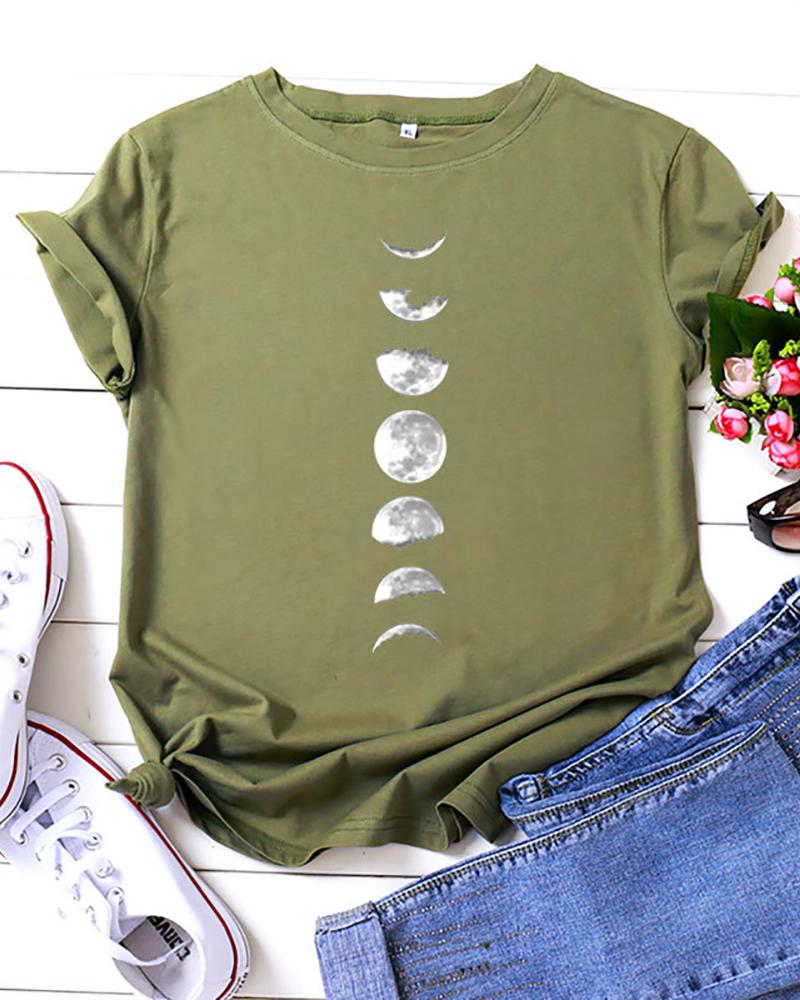 

Moon Print Short Sleeve Casual T-shirt, Green
