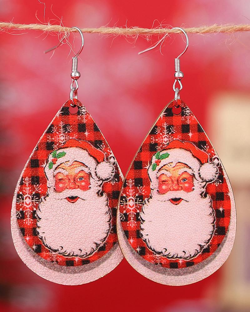 

1Pair Christmas Santa Claus Plaid Waterdrop Hook Earrings, Red