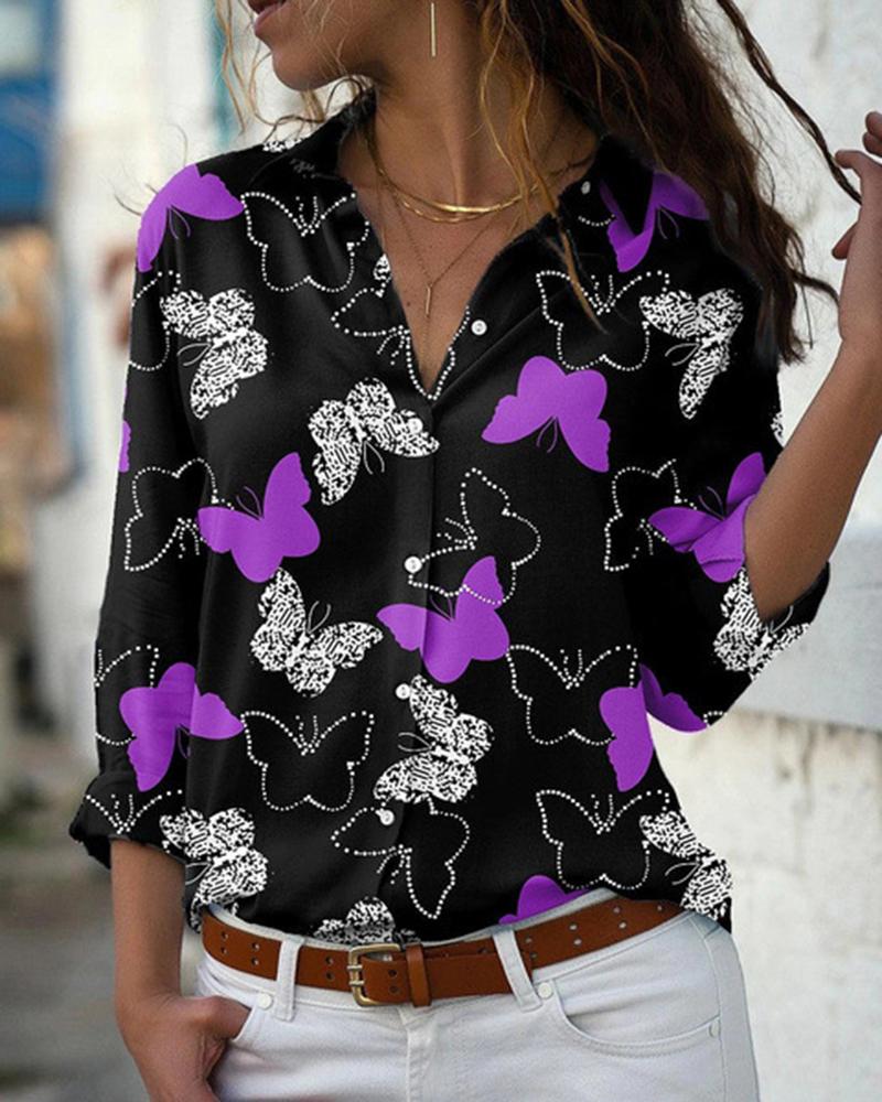 

Butterfly Print Buttoned Long Sleeve Shirt, Purple