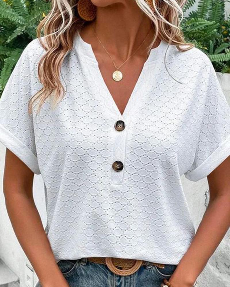 

Hollow Out Buttoned V-Neck Top, White