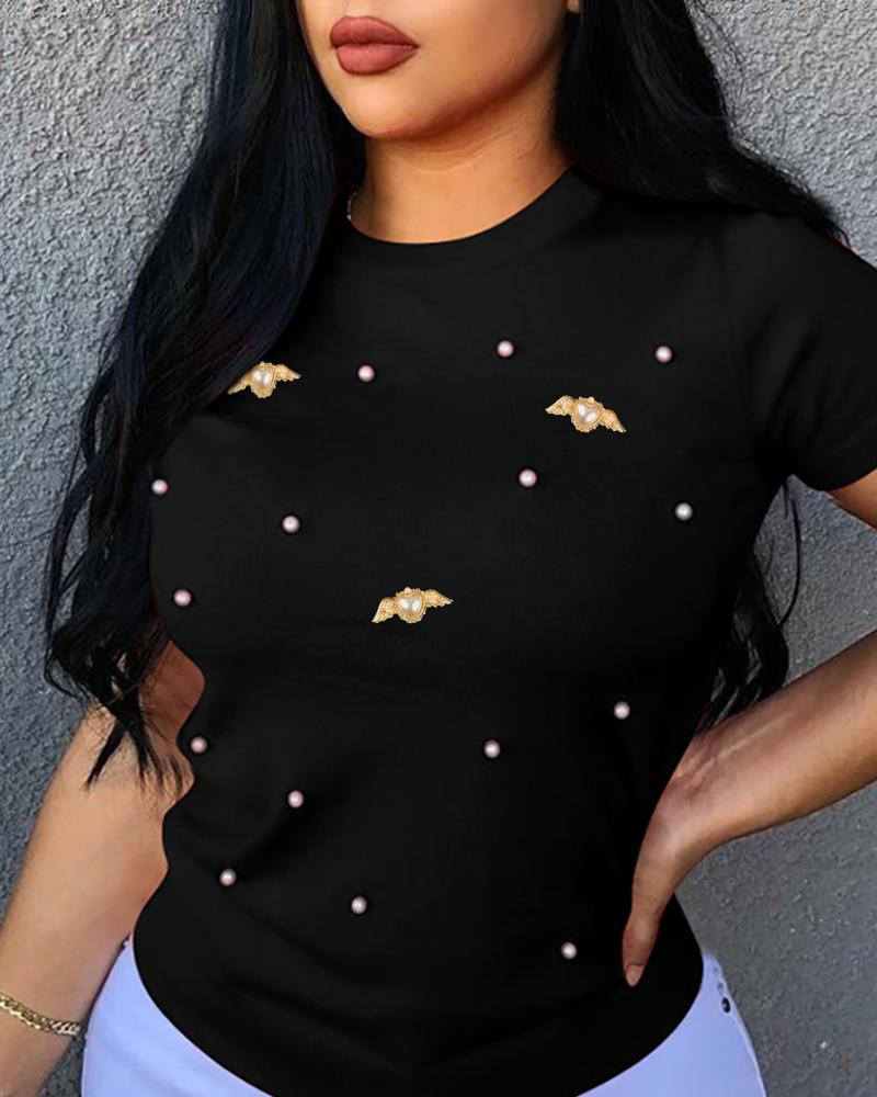 

Beaded Round Neck Short Sleeve T-Shirt Casual loose Fit Top, Black