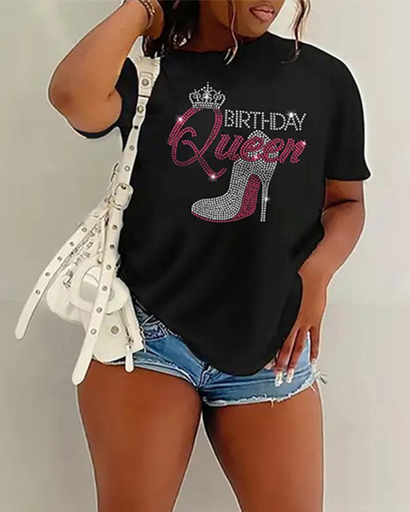 

Plus Size Birthday Queen Rhinestone Casual T-shirt, Black