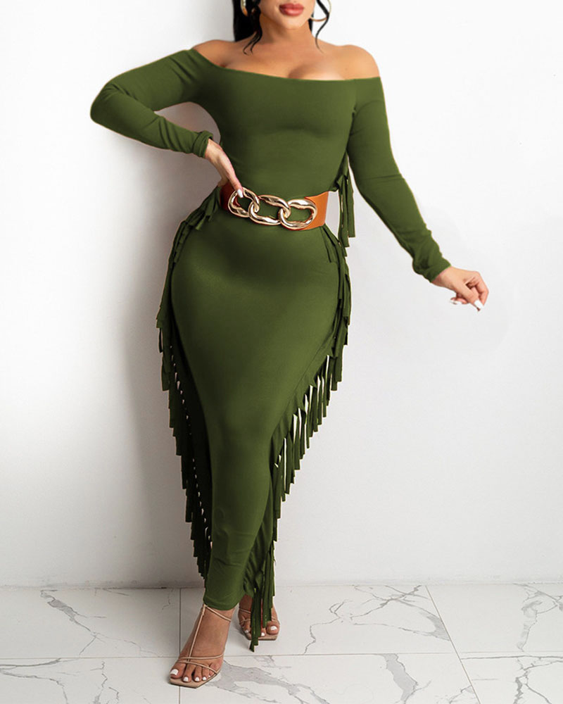 

Off Shoulder Fringe Trim Bodycon Dress, Green