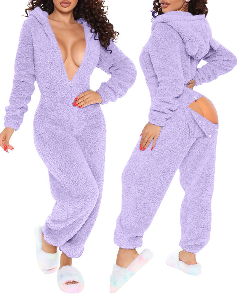 

3D Ear Buttoned Flap Functional Fluffy Lounge Jumpsuit, Purple