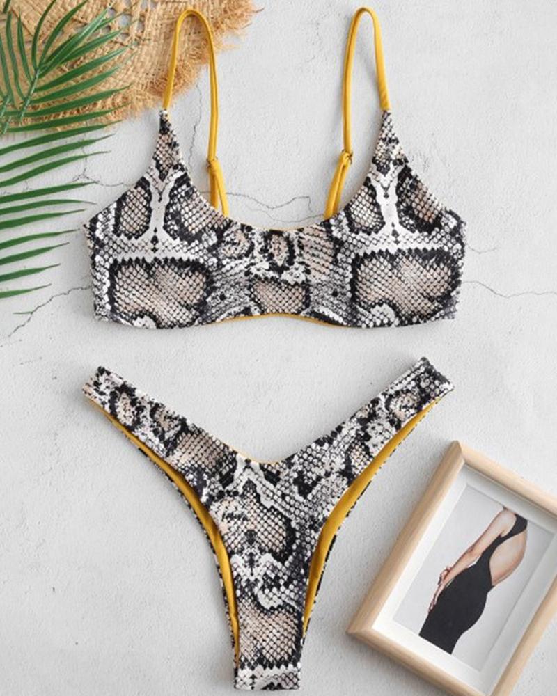 

Snakeskin Print Colorblock Padded Bikini Set, Yellow