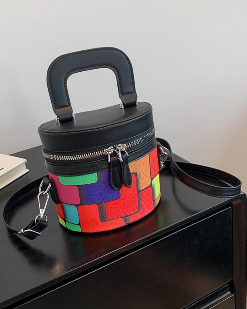 

Colorblock Zipper Detail Bucket Crossbody Handbag, Black