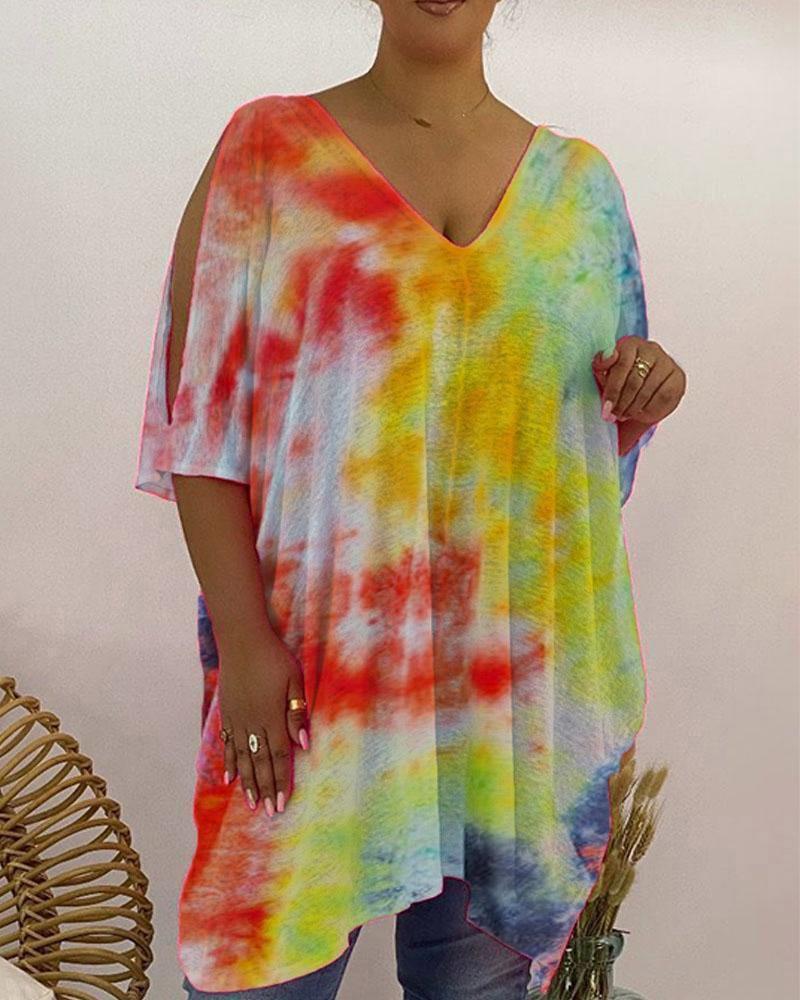 

Plus Size Tie Dye Print Cold Shoulder Top, Multicolor