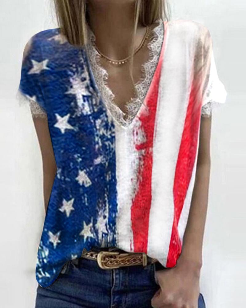 

Independent Day Flag Print Lace Hem T-Shirt, Blue