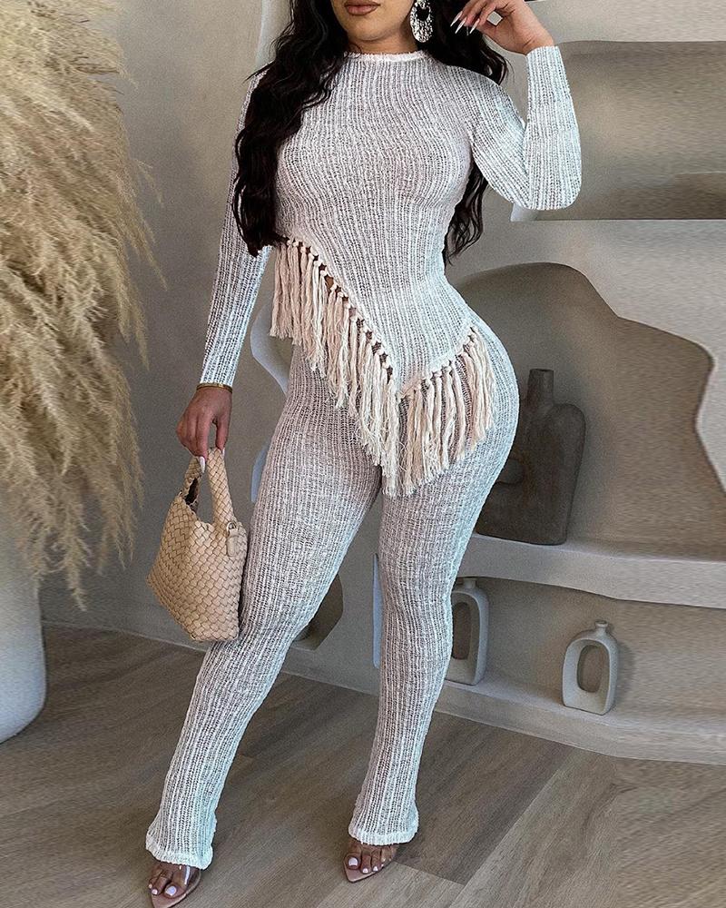 

Tassel Design Textured Top & Pants Set, White