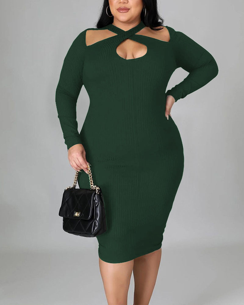 

Plus Size Ribbed Cutout Long Sleeve Work Dress, Green