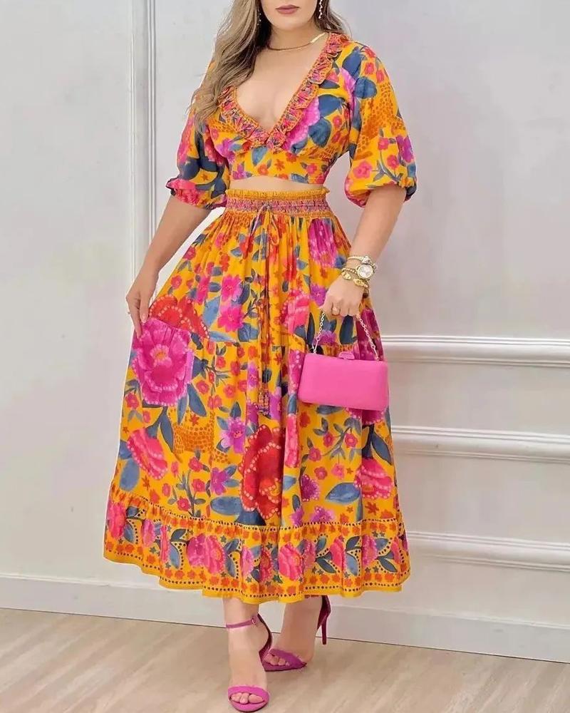 

Floral Print Puff Sleeve Crop Top & Skirt Set, Multicolor