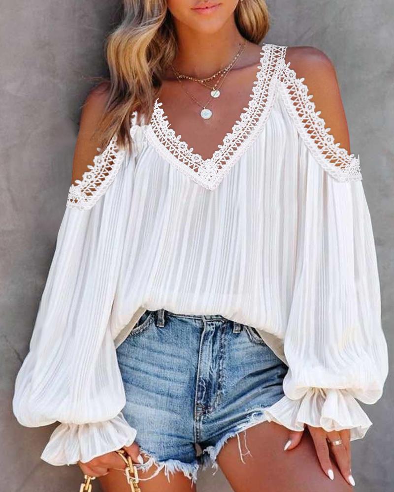

Contrast Lace Cold Shoulder Lantern Sleeve Top, White