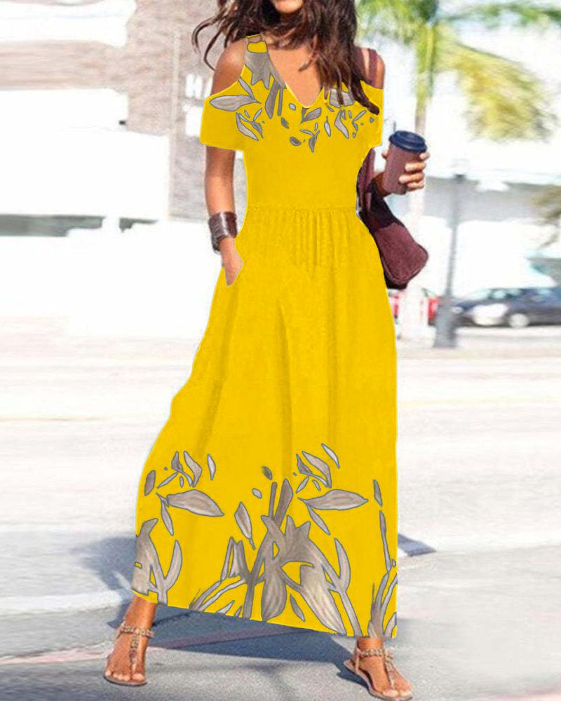 

Plants Print Cold Shoulder Maxi Dress, Yellow