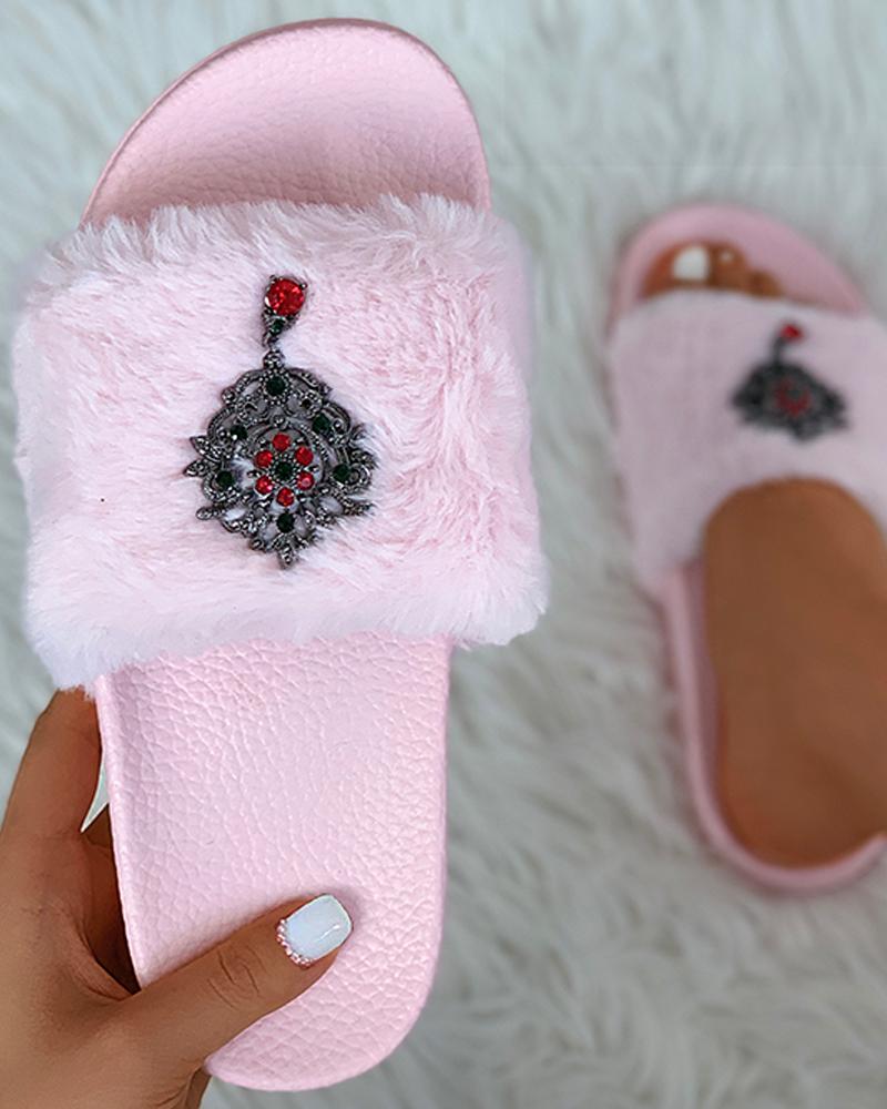 

Studded Open Toe Fluffy Slippers, Pink