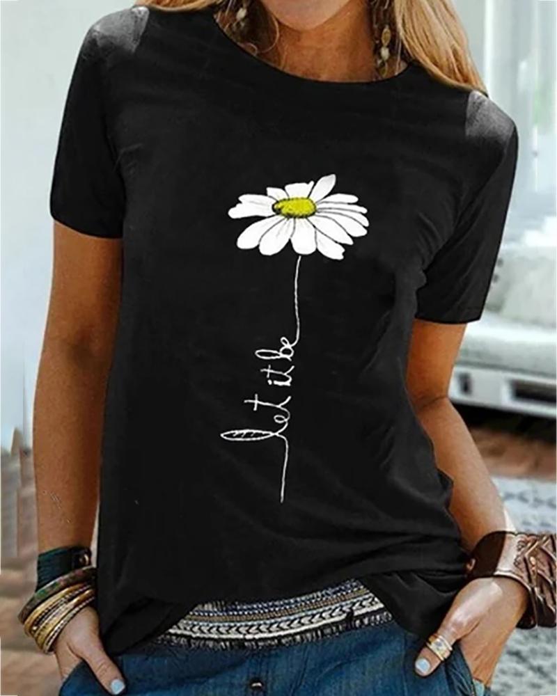 

Daisy Print Round Neck Casual T-shirt, Black