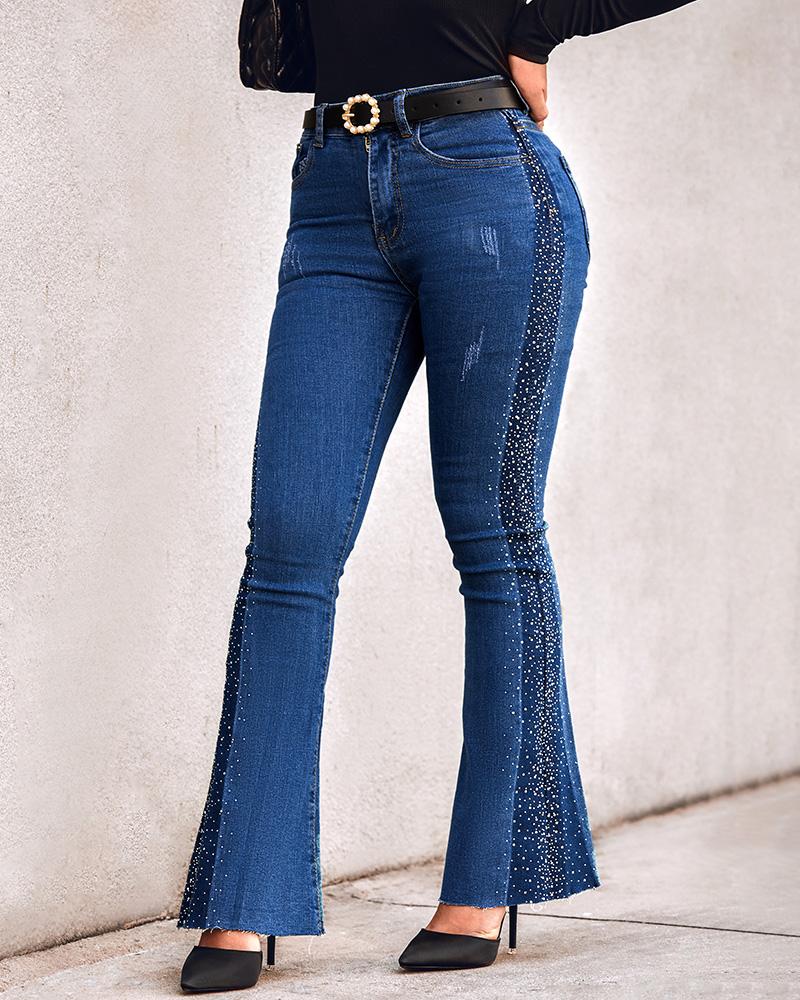

Colorblock Rhinestone Decor Bootcut Jeans, Blue