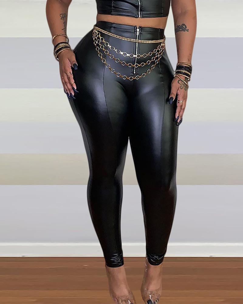 

Solid Tight Leather Pants, Black