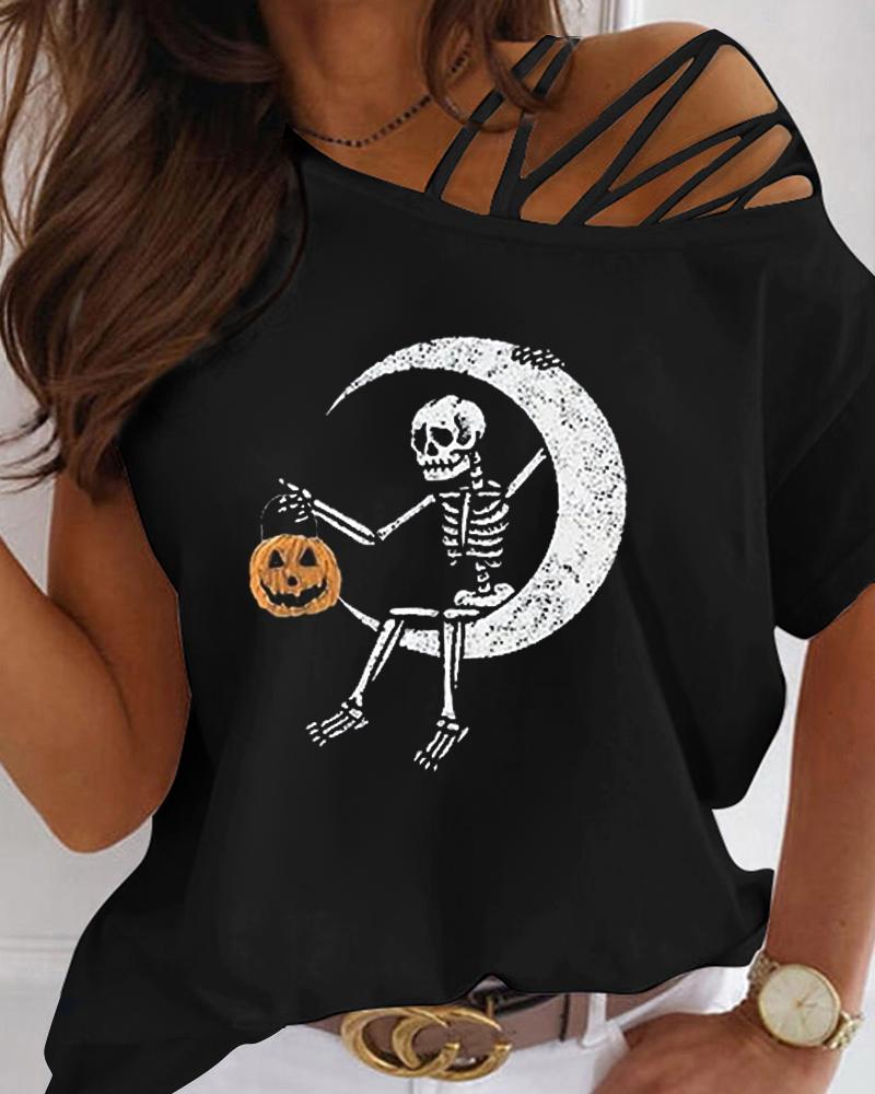 

Halloween Skeleton Print Cold Shoulder Top, Black