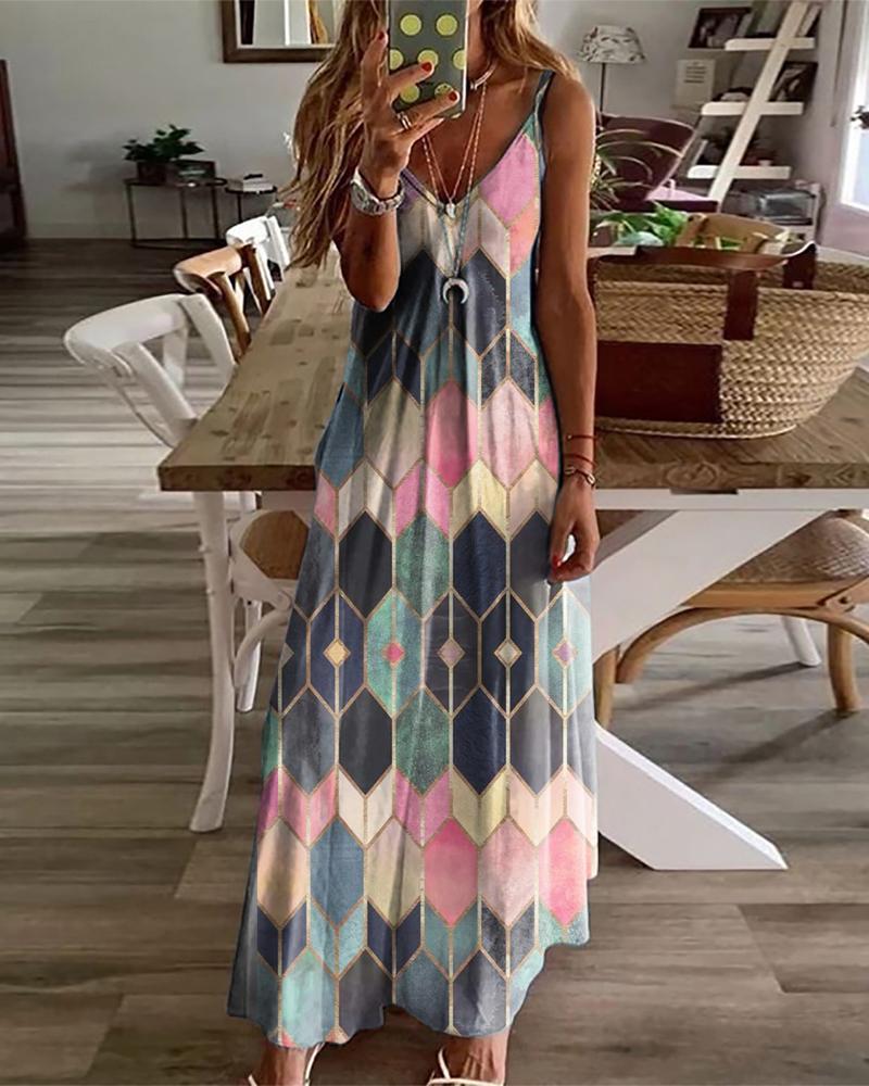 

Geometric Print Spaghetti Strap Maxi Dress, Pink