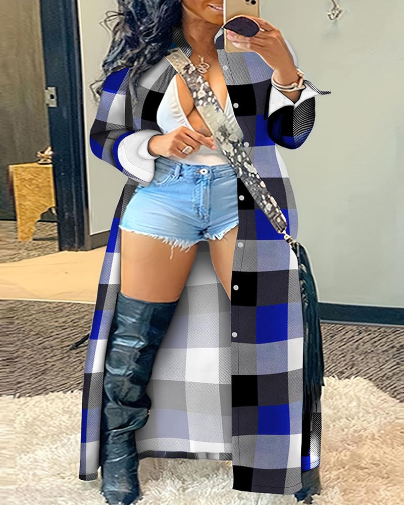 

Plus Size Plaid Print Buttoned Longline Coat, Blue