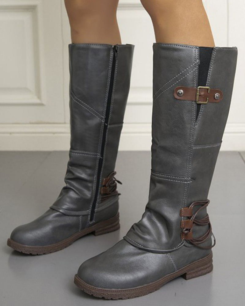 

Buckled Round Toe Side Zipper Boots, Gray