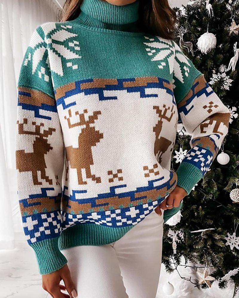 

High Neck Christmas Deer / Snowflake Print Knit Sweater, Green