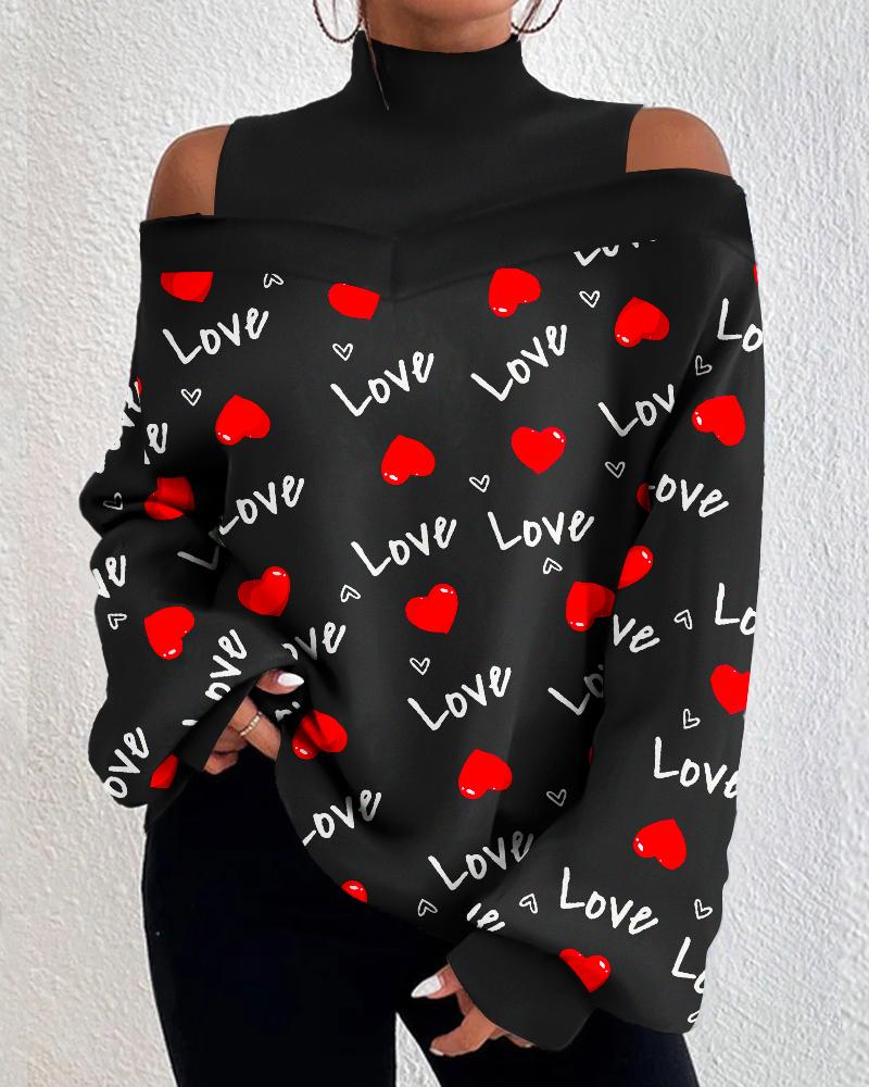 

Valentine' Day Love Heart Print Cold Shoulder Top, Black