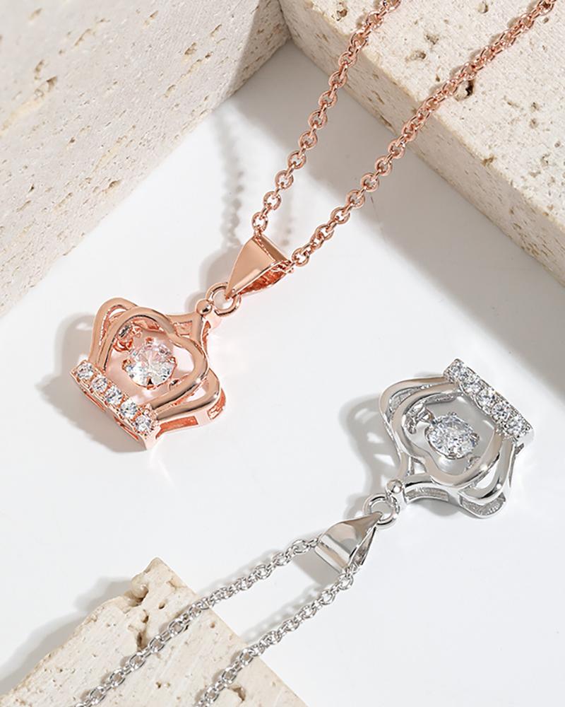 

Valentine's Day Crown Pattern Rhinestone Pendant Chain Necklace, Silver