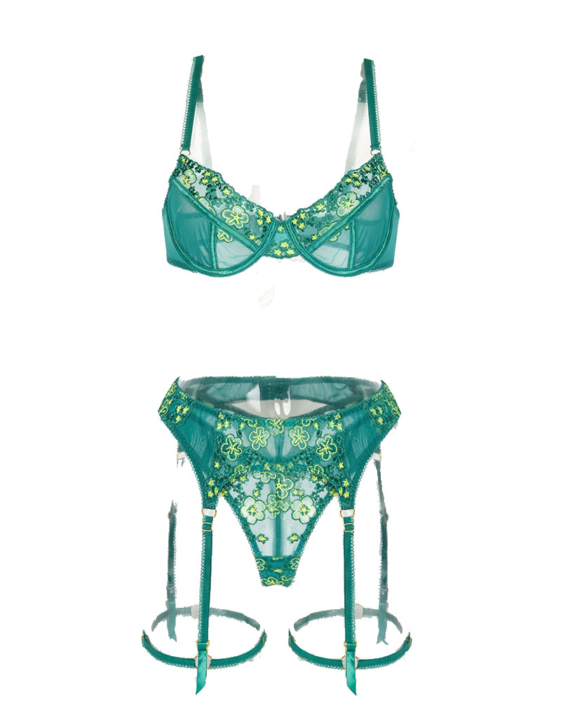 

Embroidery Floral Lace Garter Lingerie Set, Green
