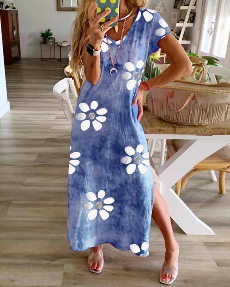 

Tie Dye Floral Print Short Sleeve Slit Maxi Dress, Blue