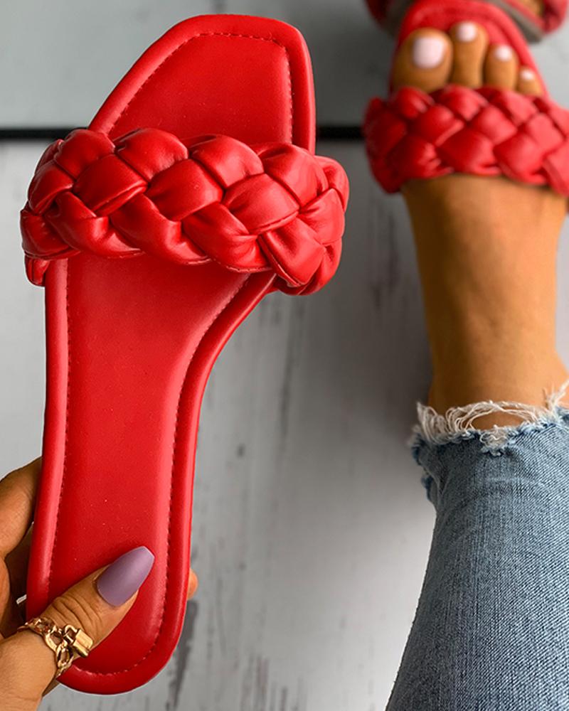 

Braided Sqaure Toe Slide Slippers, Red