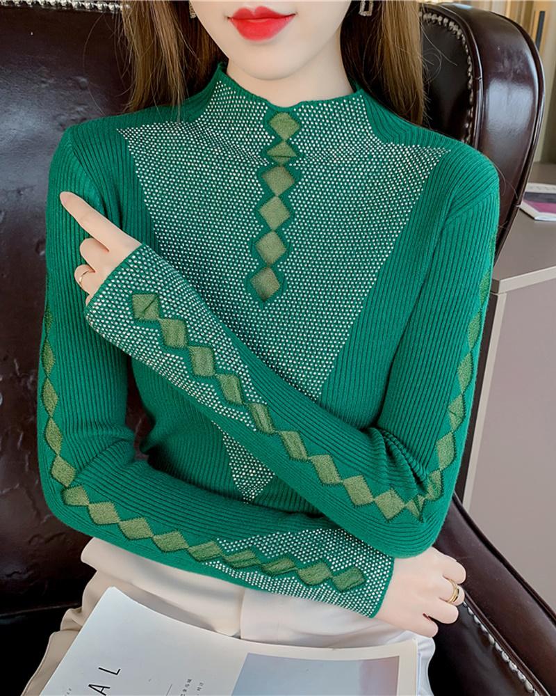 

Rhinestone Decor Contrast Mesh Long Sleeve Knit Top, Green