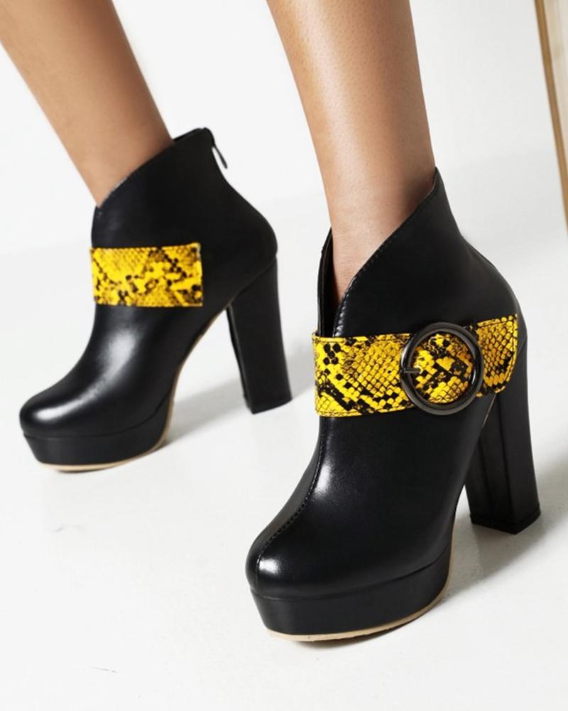 

Round-toe Splicing Snakeskin Strap High Heels, Yellow
