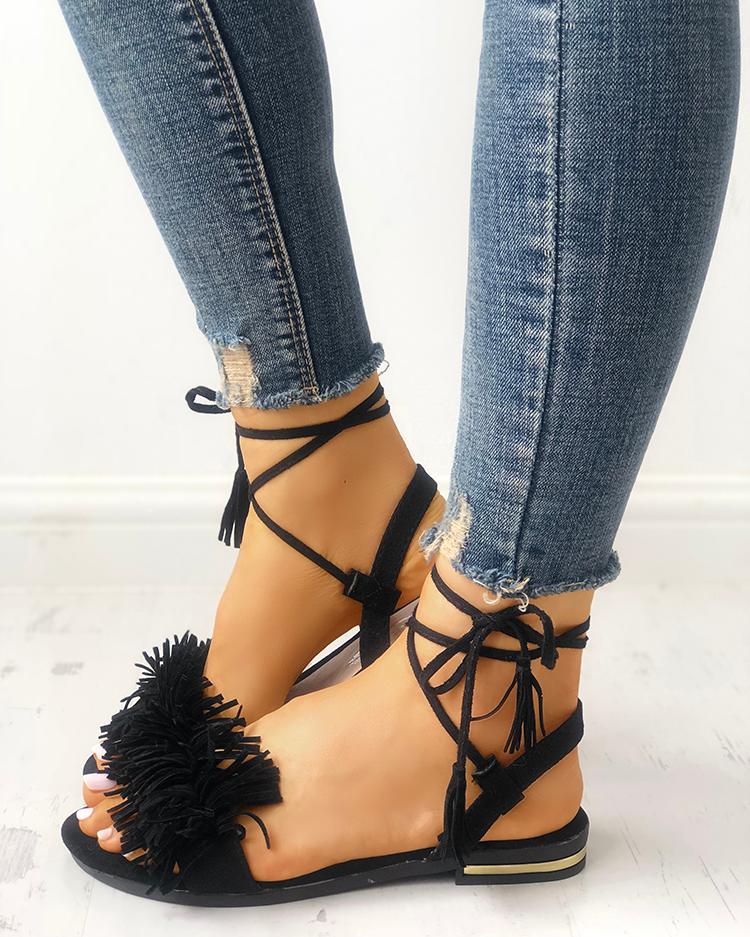 

Strappy Tassel Open Toe Flat Sandals, Black