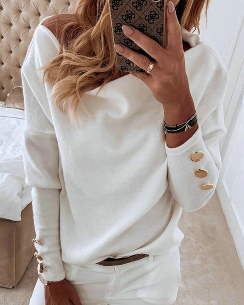 

Solid Color Splicing Buttons Long Sleeve Blouse, White