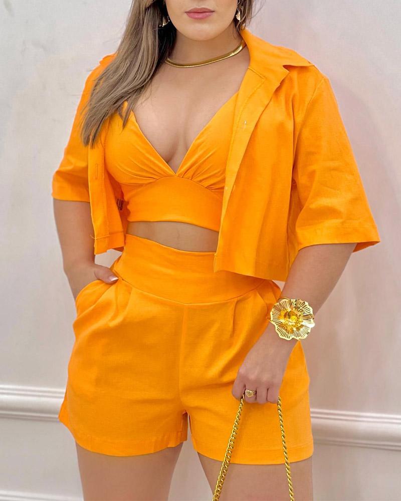 

3PCS Crop Top & Shorts Set With Shirt, Orange