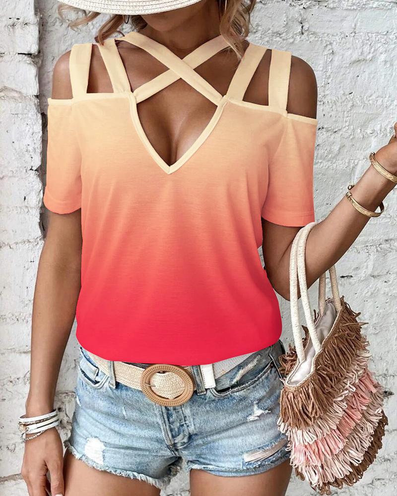 

Ombre Multi-Strap Plunge Short Sleeve Top, Multicolor