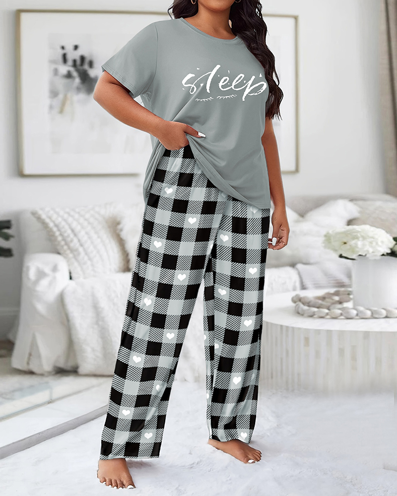 

Plus Size Sleep Plaid Heart Print Wide Leg Pajamas Set, Gray