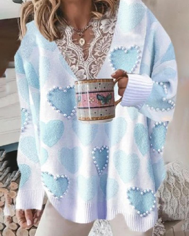 

Heart Print Eyelash Crochet Lace Patch Beaned Sweater, Blue