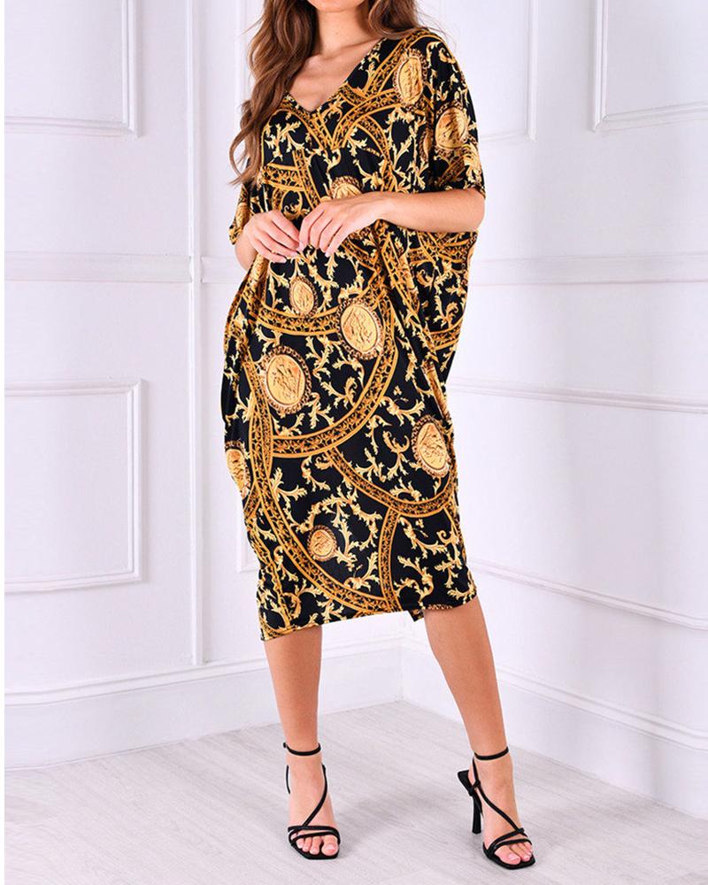 

Baroque All Over Print V-Neck Casual Dress, Multicolor
