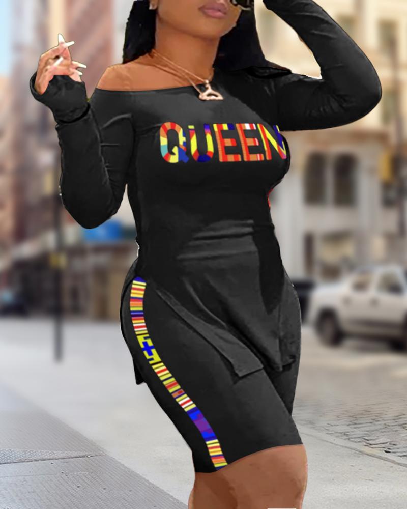 

Plus Size Queen Letter Print Slit Top & Striped Shorts Set, Black