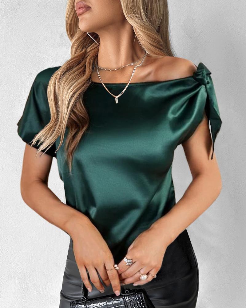 

Top de cetim de manga curta com decoração Bowknot, Green